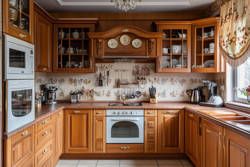 Wooden kitchen interior with cooking cupboards, shelves and utensils