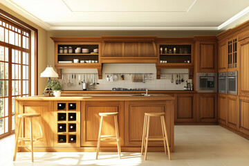 Wooden kitchen interior with cooking cupboards, shelves and utensils