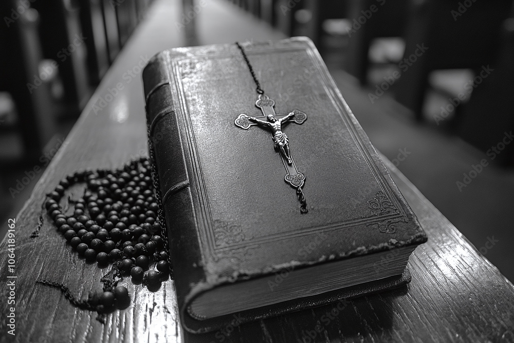 Wall mural a bible and rosary lying on a church pew.