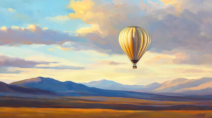  Painting of a hot air balloon soaring against a mountainous backdrop, with cloudy skies above