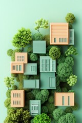Abstract aerial view of green architecture model with miniature trees and buildings, symbolizing sustainable urban planning on pastel background.