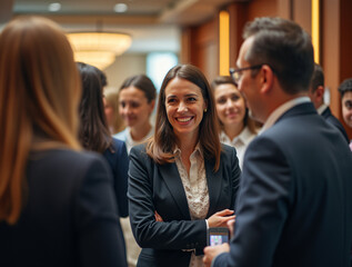 Networking Businesswomen Smiling and Talking at Professional Conference