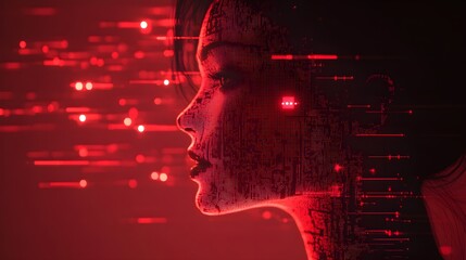 Profile of a woman with glowing red digital squares around her head, symbolizing human consciousness merging with AI, Futuristic, Neon, Red glow, 3D hologram, Soft light, Technology fusion