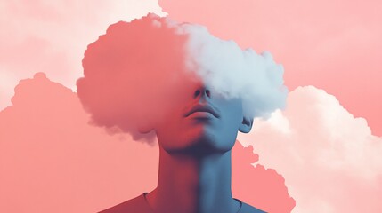 A person's face is obscured by a cloud against a pink sky.