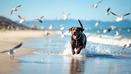 Chocolate labrador running and splashing in the water while running on the sandy beach with seagulls flying in the background