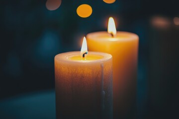 Two Burning Candles with Blurry Background Lights