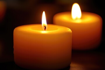 Two Yellow Candles Burning Brightly in Darkness