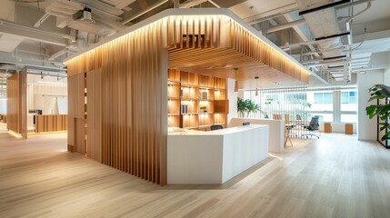 Modern Office Reception Area with Wood Accents and White Counter