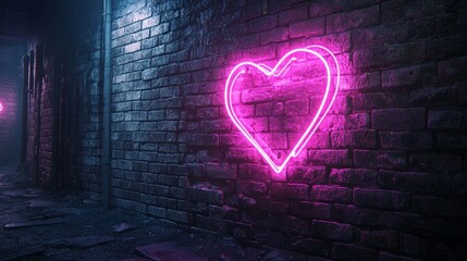 Bright neon heart sign on a red brick wall background