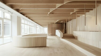 Modern Office Interior with Curved Wooden Reception Desk and Ceiling