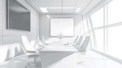 Conference interior with tables and chairs and tv screen