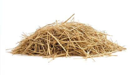Dry hay pile on white background. Close-up view of light brown hay in compact mound. Individual strands densely packed. Elevated angle highlights hay texture.