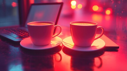 Fototapeta premium Two cups of coffee on a table with a laptop and a notebook in the background, illuminated by red lights.