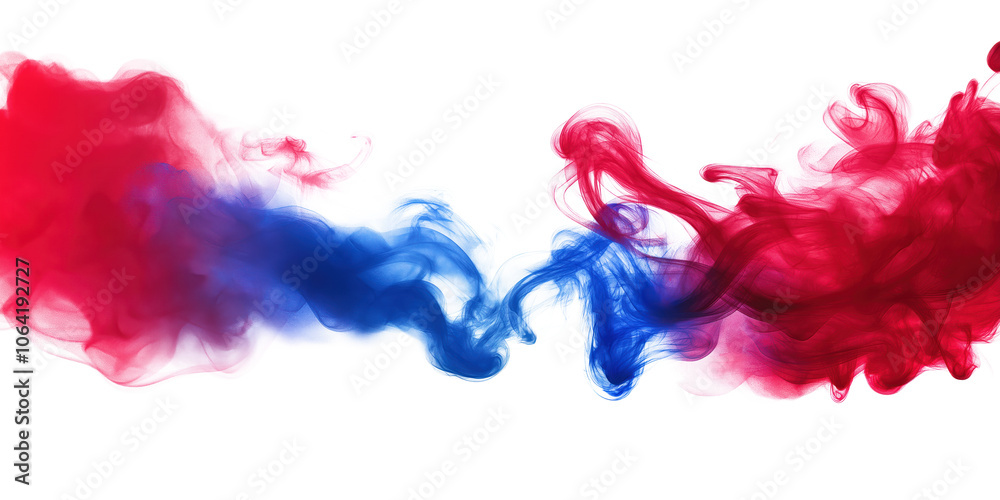 Poster vibrant abstract painting in shades of red, blue with swirling motion. red paint forms large cloud o