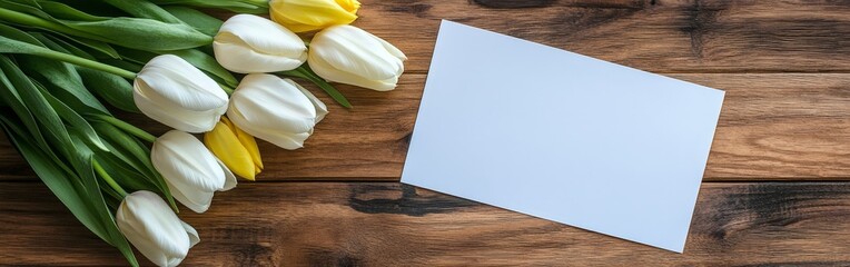 Yellow tulips and white flowers frame blank holiday card