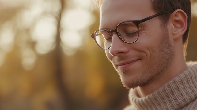 Close-up of a smiling young man wearing glasses and a turtleneck sweater, enjoying a peaceful moment in a park during the golden hour of autumn