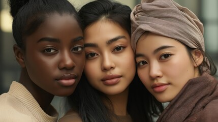 Obraz premium Three young women of different ethnicities are posing together, showcasing their natural beauty and promoting diversity in a cosmetics campaign