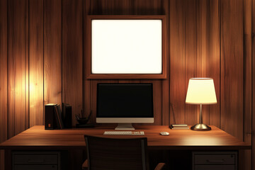 Modern office with computer on wooden table and blank square poster on wood paneled wall