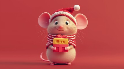 Charming 3d rendered mouse. Wearing a festive christmas hat and scarf. Happily holds a gift box containing a piece of cheese. Set against a vibrant red backdrop. Perfect for holiday-themed projects