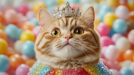 Cat wearing a crown surrounded by colorful balloons, AI