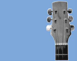 close up of tuning keys or head pegs acoustic guitar pixelate grayscale color halftone dotted texture style collage element isolated on blue background