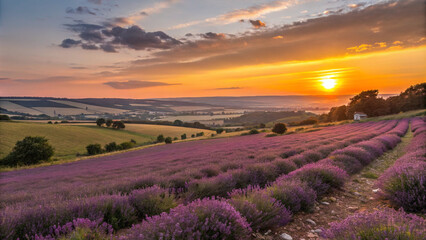 Naklejka premium Vast lavender fields under a setting sun casting a golden glow over the landscape