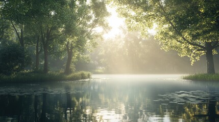 Fototapeta premium Sunlit Serenity: Lakeside Tranquility Amongst Trees in Daylight