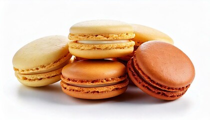 macaroons de colores naranja, amarillo y marr&oacute;n sobre fondo blanco