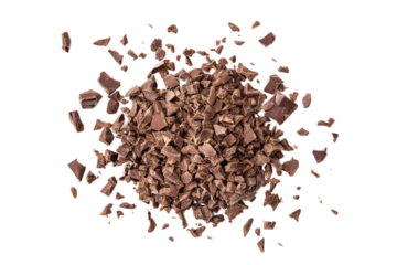 Close-up of dark chocolate pieces in pile on isolated transparent background. Chocolate fragments vary in size and shape. Random arrangement of chocolate chunks creates sense of disorder. Alpha mask.