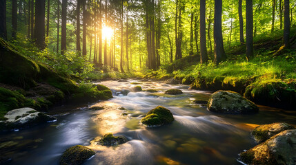 Obraz premium Peaceful Forest Scene with Stream and Dawn Light . illustration