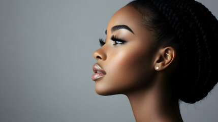 Fototapeta premium Portrait of a woman with healthy skin against a grey background, promoting natural beauty . illustration
