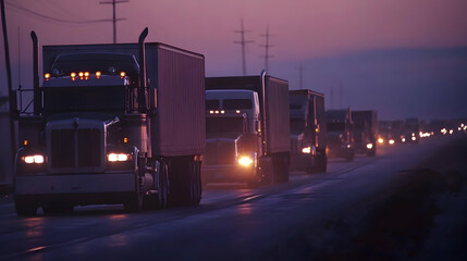 Traffic congestion with a row of trucks moving on a highway at dusk, illustrating heavy road issues . illustration