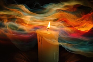 A Burning Candle Bathed in Wavy, Multicolored Light