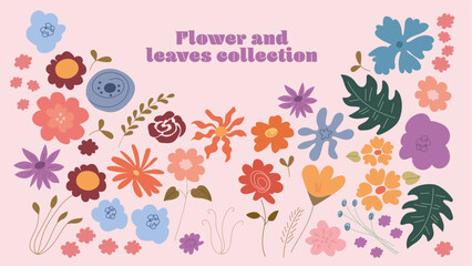 Set various plants and flowers, pink, trendy plants and flowers, girly y2k vectors, card design, shapes vector, nature doodle, spring theme card invitation