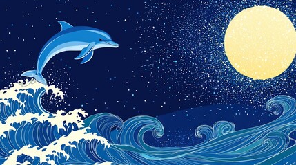 Fototapeta premium Painting of a Dolphin Jumping Over a Wave in the Ocean with Full Moon Above
