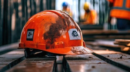 worn orange construction helmet with dust on wooden planks