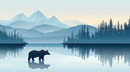   A bear stands in a lake surrounded by mountains in the background and trees in the foreground