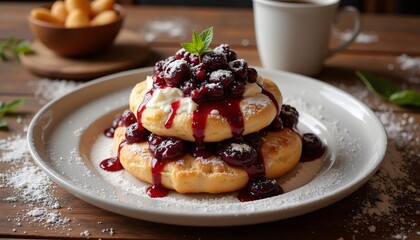 Stacked gourmet pancakes with mixed berry compote and mint garnish on ceramic plate