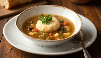 Clear Broth Soup with Giant Dumpling and Mixed Vegetables on Wooden Table. Rindsuppe