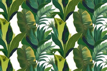 Tropical Leaves Botanical Wallpaper Design with Exotic Seamless Pattern