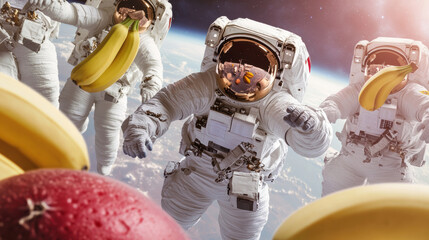 Astronauts floating in space reach for giant floating bananas and apples, AI