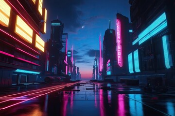 Obraz premium Neon Twilight Glow in Cyberpunk Cityscape A Vision of Futuristic Urban Design and Lighting