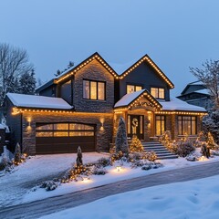 Snow-covered front yard with holiday lights in winter