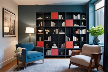 Trendy Modular Bookshelf and Comfortable Accent Chair in Modern Urban Apartment Design