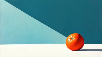   An orange sits on a white table beside a blue-and-white wall, casting a shadow