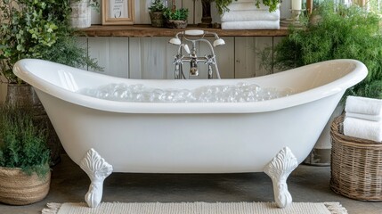 White clawfoot bathtub filled with bubbles in a bathroom with plants and towels.