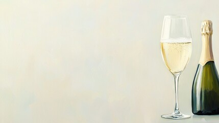   A glass of champagne beside a bottle of wine on a white table against a white backdrop