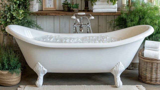 White clawfoot bathtub filled with bubbles in a bathroom with plants and towels.