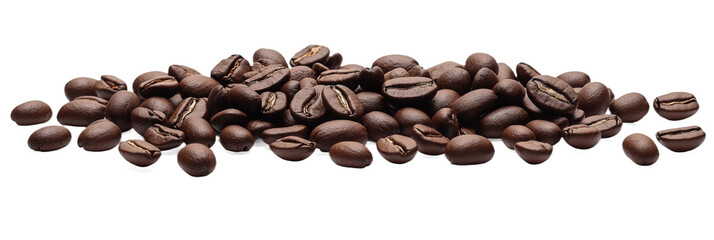 Close-up of dark brown coffee beans in pile. Beans are scattered, some overlap, others stand alone. Rich, earthy tones dominate image. Light gray background provides neutral backdrop for coffee beans.