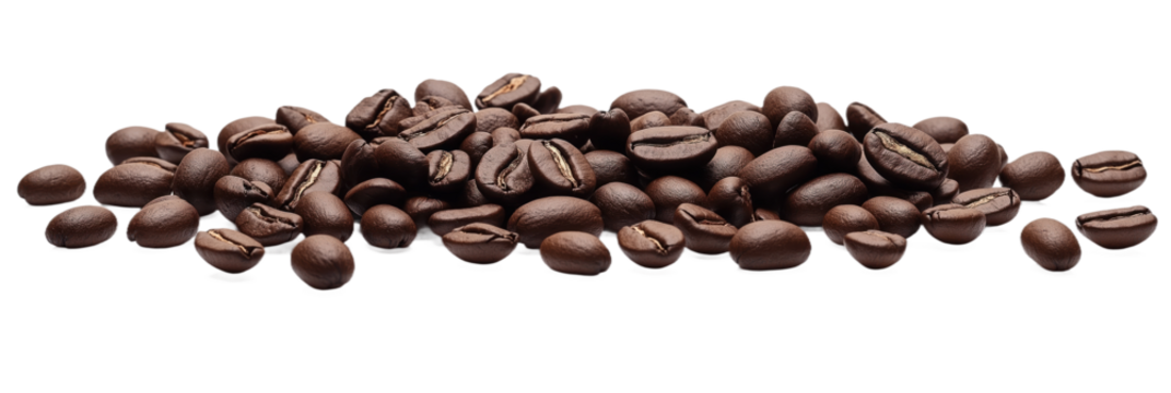Close-up of dark brown coffee beans in pile. Beans are scattered, some overlap, others stand alone. Rich, earthy tones dominate image. Light gray background provides neutral backdrop for coffee beans.